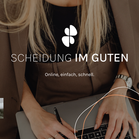 Hier sieht man das Logo Design von Scheidung im Guten. Im Hintergrund ist ein Foto einer Frau zu sehen.