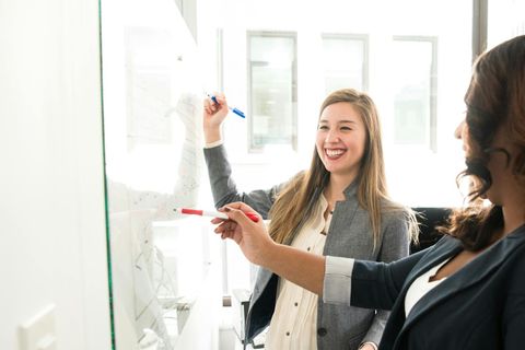 Zwei Geschäftsfrauen diskutieren und arbeiten zusammen an einer Tafel in einem Büro. - Coaching Komplizin