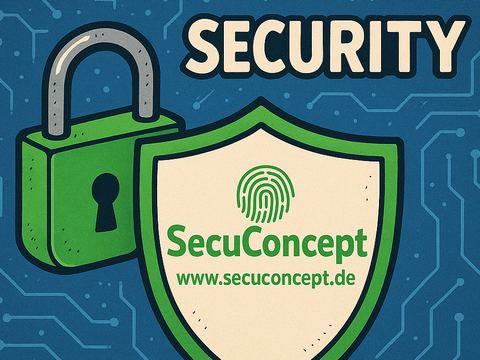 Ein grünes Schild mit einem Fingerabdruck-Symbol und der Aufschrift 'SecuConcept www.secuconcept.de' sowie ein großes Vorhängeschloss und der Schriftzug 'SECURITY' auf einem blauen Hintergrund mit Computerschaltkreisen. - SecuConCept™ Alarmaufschaltungen & Alarmverfolgungen