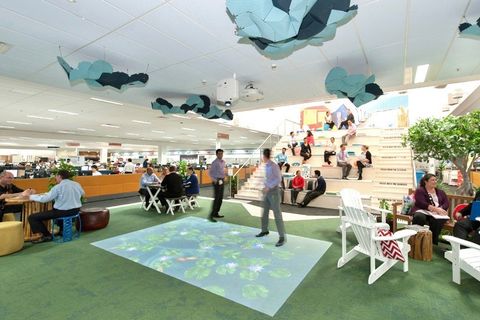 Realisierte Arbeitswelt bei Westpac: Innovations-Hub mit vielfältigen Arbeitszonen und spielerischer Raumgestaltung, als Workplace Strategin entwickelt und geplant