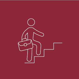 Stilisierte Darstellung einer Person mit Aktentasche, die eine Treppe hinaufgeht. Symbol für Arbeitsrecht - TANJA BAUER-ROIKE ÜBERSETZT. Deutsch. Englisch. Rechtliches. Offizielles.