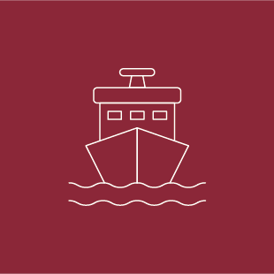 Stilisierte Darstellung eines Kreuzfahrtschiffs auf rotem Hintergrund. Symbol für Handelsrecht - TANJA BAUER-ROIKE ÜBERSETZT. Deutsch. Englisch. Rechtliches. Offizielles.