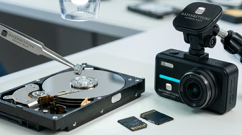 Laborarbeitsplatz mit Mikroskop, geöffneter Festplatte, Dashcam und Speicherchips auf weißem Tisch - Datenrettung & Computerservice Andreas Wach