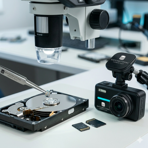 Laborarbeitsplatz mit Mikroskop, geöffneter Festplatte, Dashcam und Speicherchips auf weißem Tisch - Datenrettung & Computerservice Andreas Wach