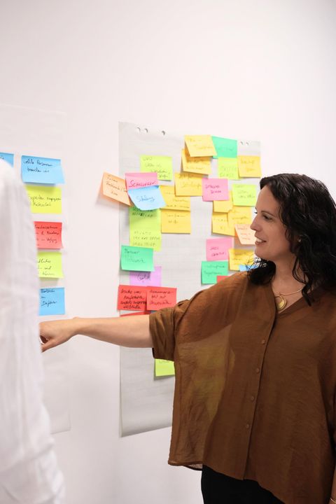 Katharina Schadek in einem Strategie-Workshop, visualisiert Ergebnisse co-kreativer Workplace-Arbeit an einem Flipchart