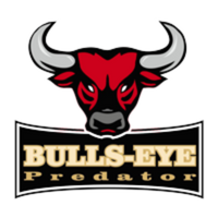 Stilisierter Stier-Kopf mit roten Hörnern und Augen, umgeben von einem Kreis mit der Aufschrift 'Bulls-Eye Fitness' - Happy Billard